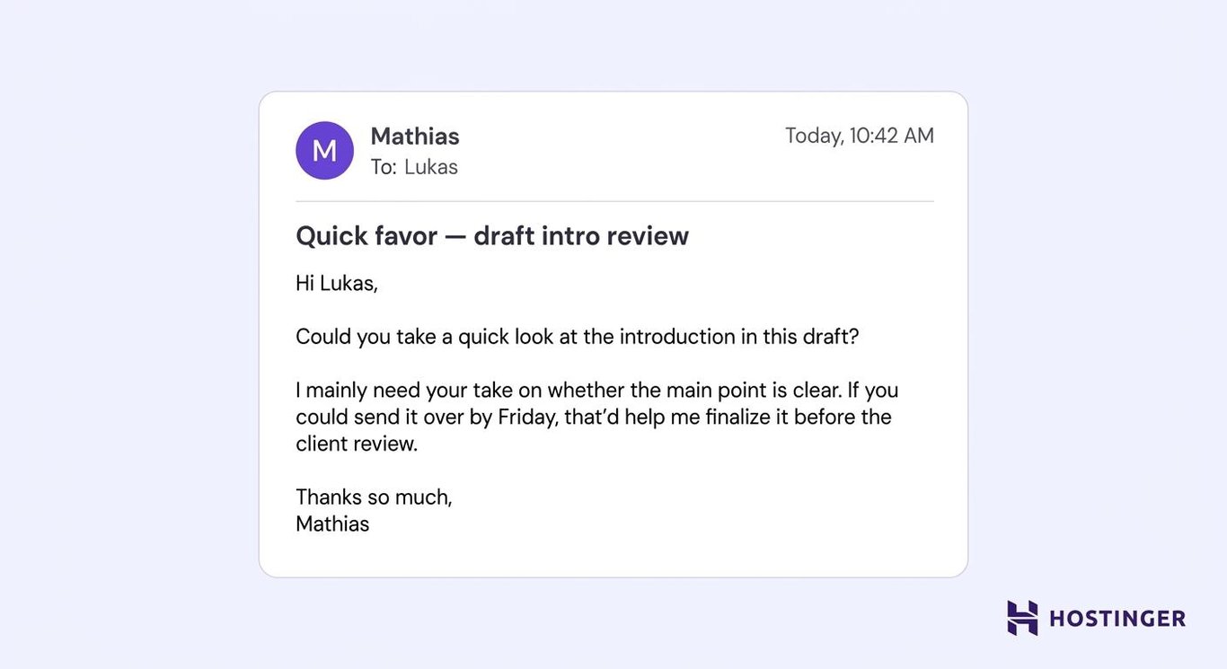 Casual business email example: favor / request email