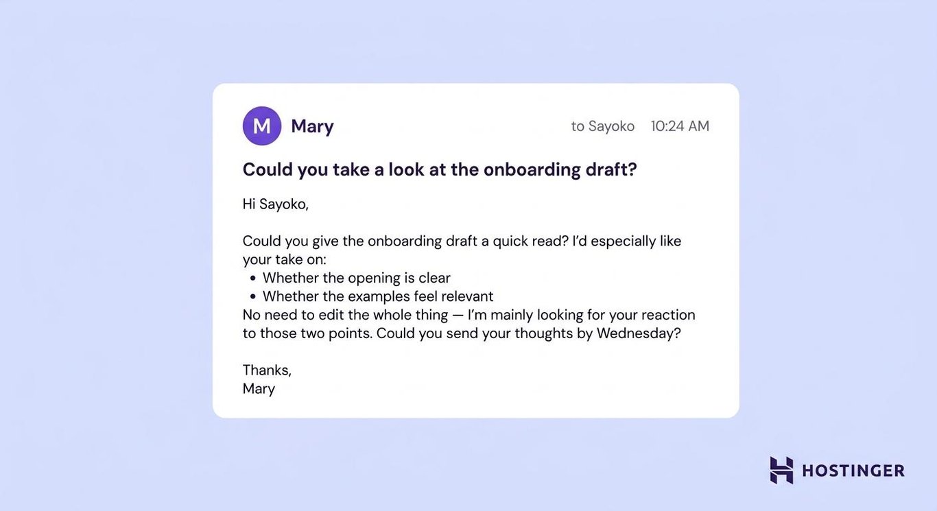 Casual business email example: feedback request email