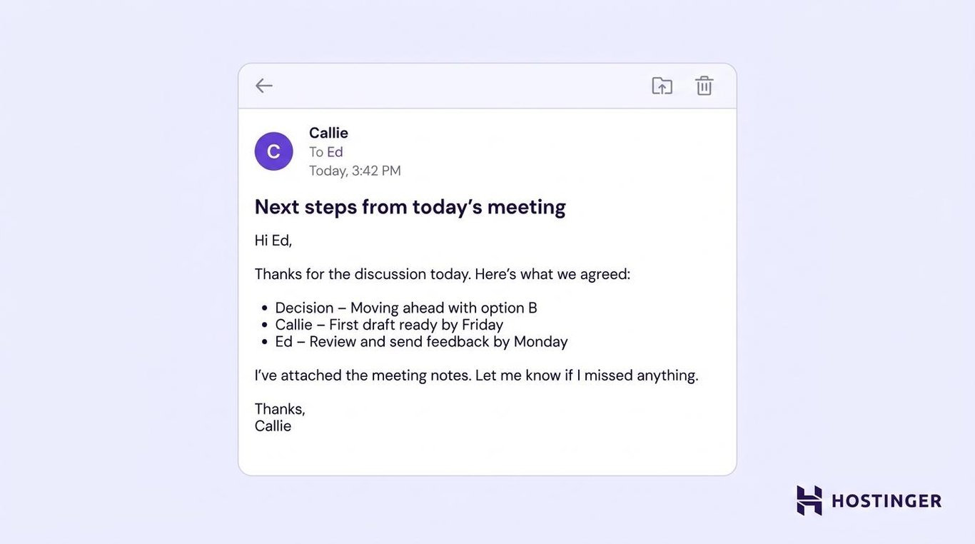 Casual business email example: meeting follow-up email