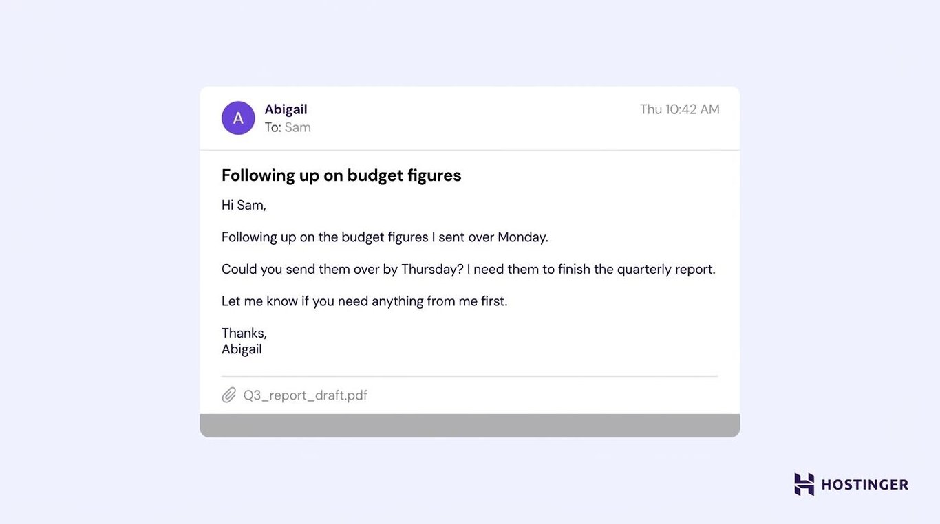 Casual business email example: delayed reply follow-up email
