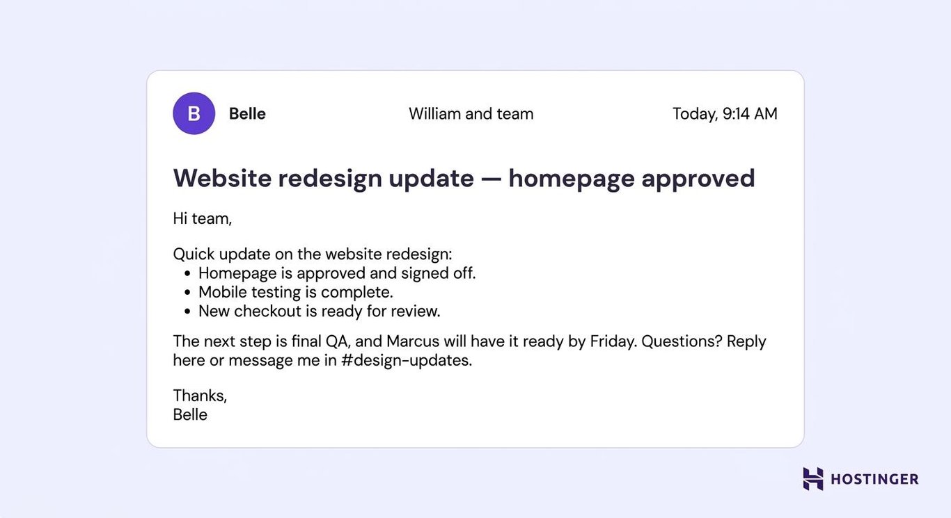 Casual business email example: team update email