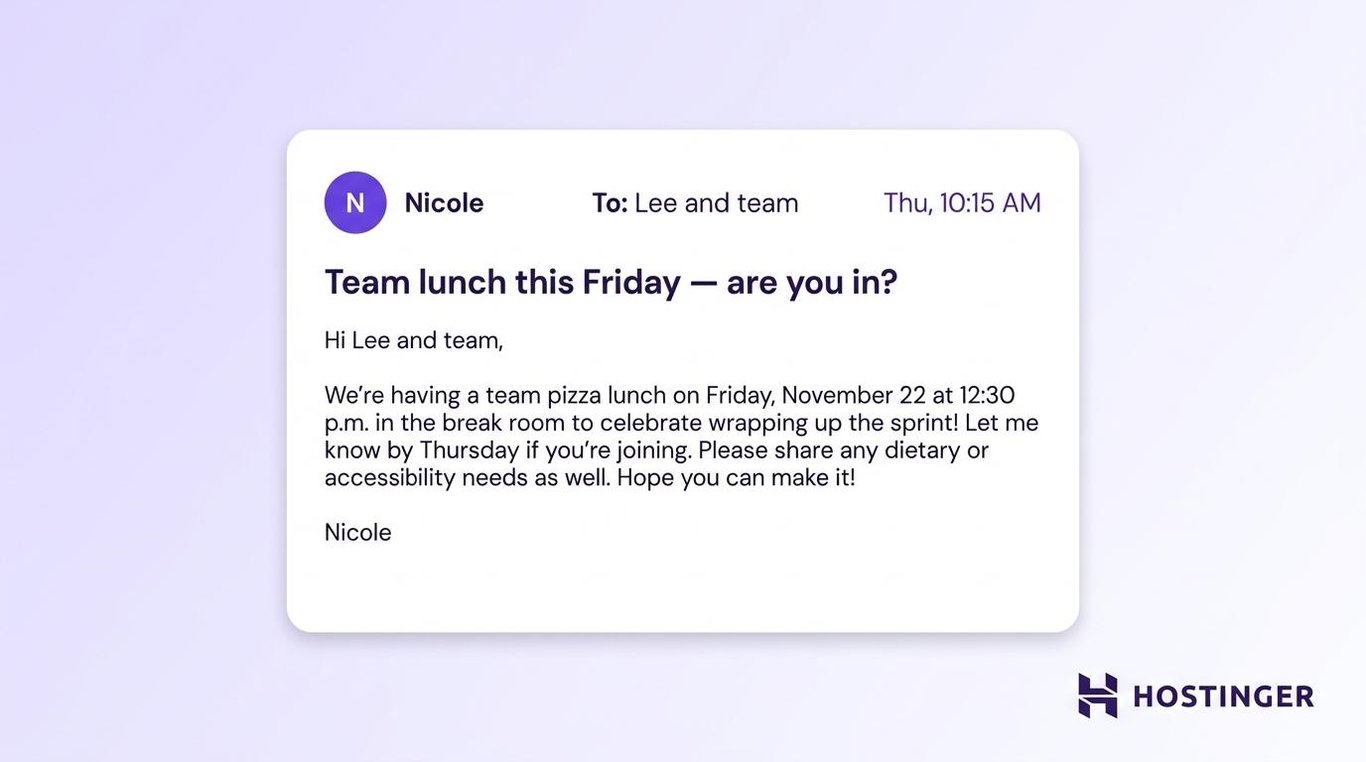 Casual business email example: team event invitation email