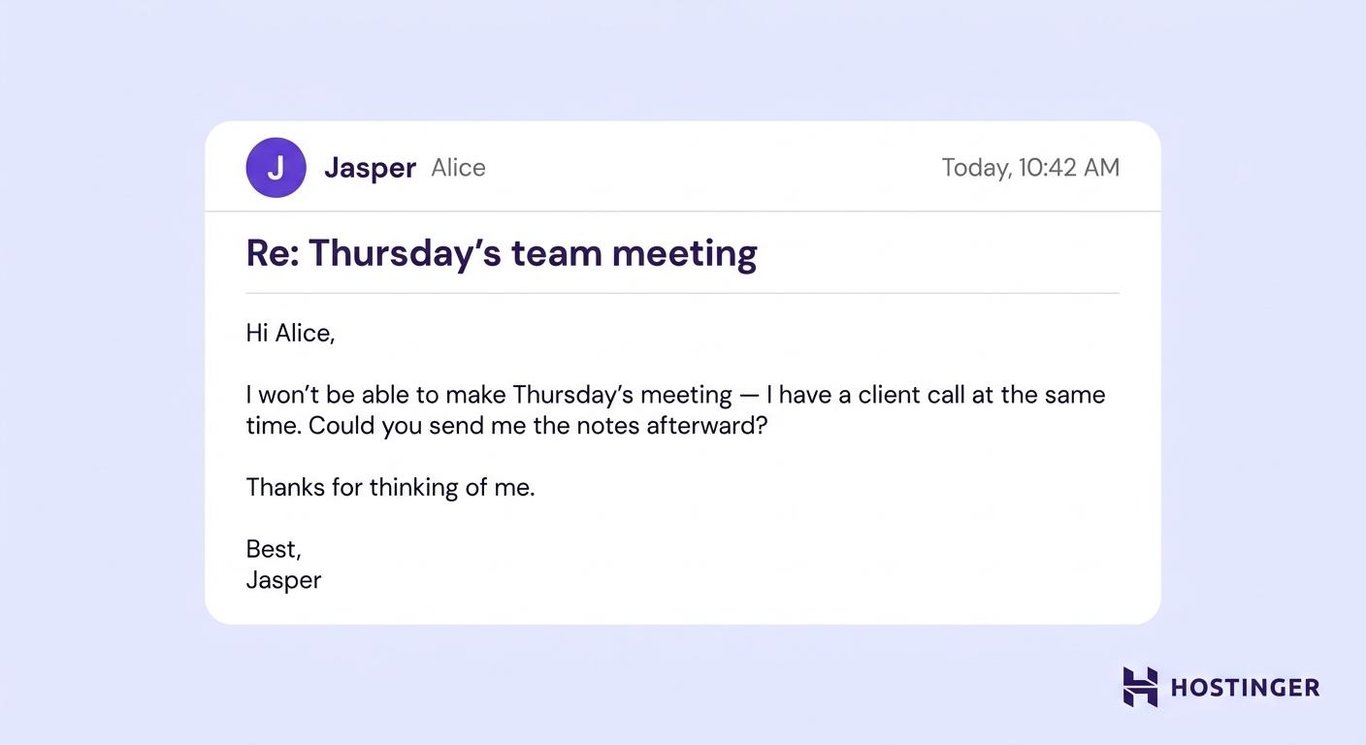 Casual business email example: invitation or request decline email