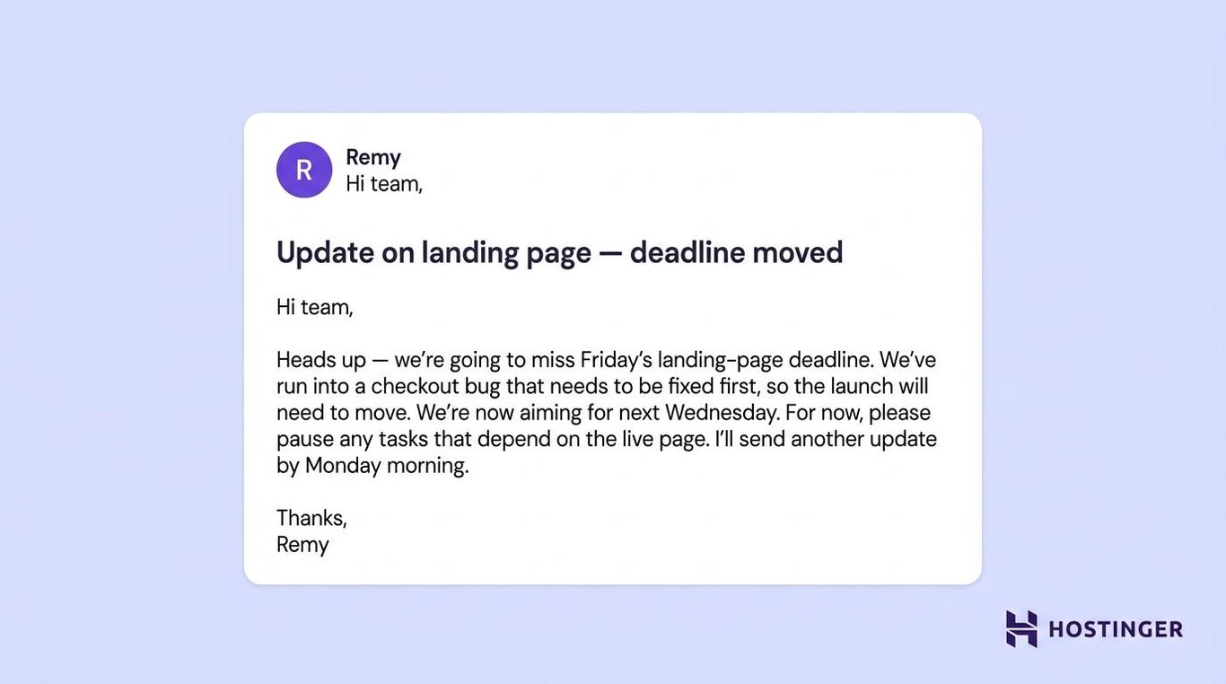 Casual business email example: bad news email