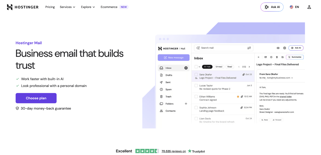 Hostinger Mail landing page