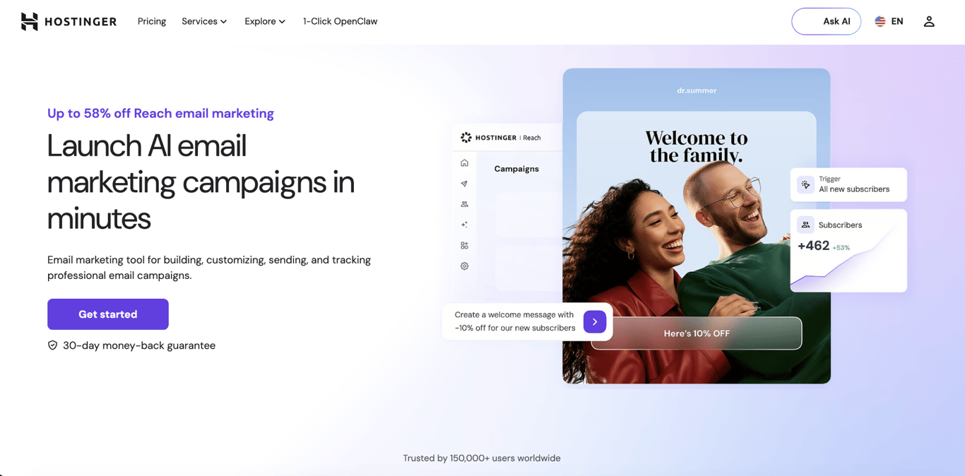 Hostinger Reach email marketing tool landing page