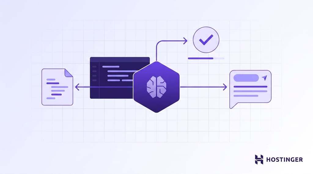 An AI agent node connected by directional lines to code files, test results, and a summary card, representing a multi-step autonomous coding workflow.