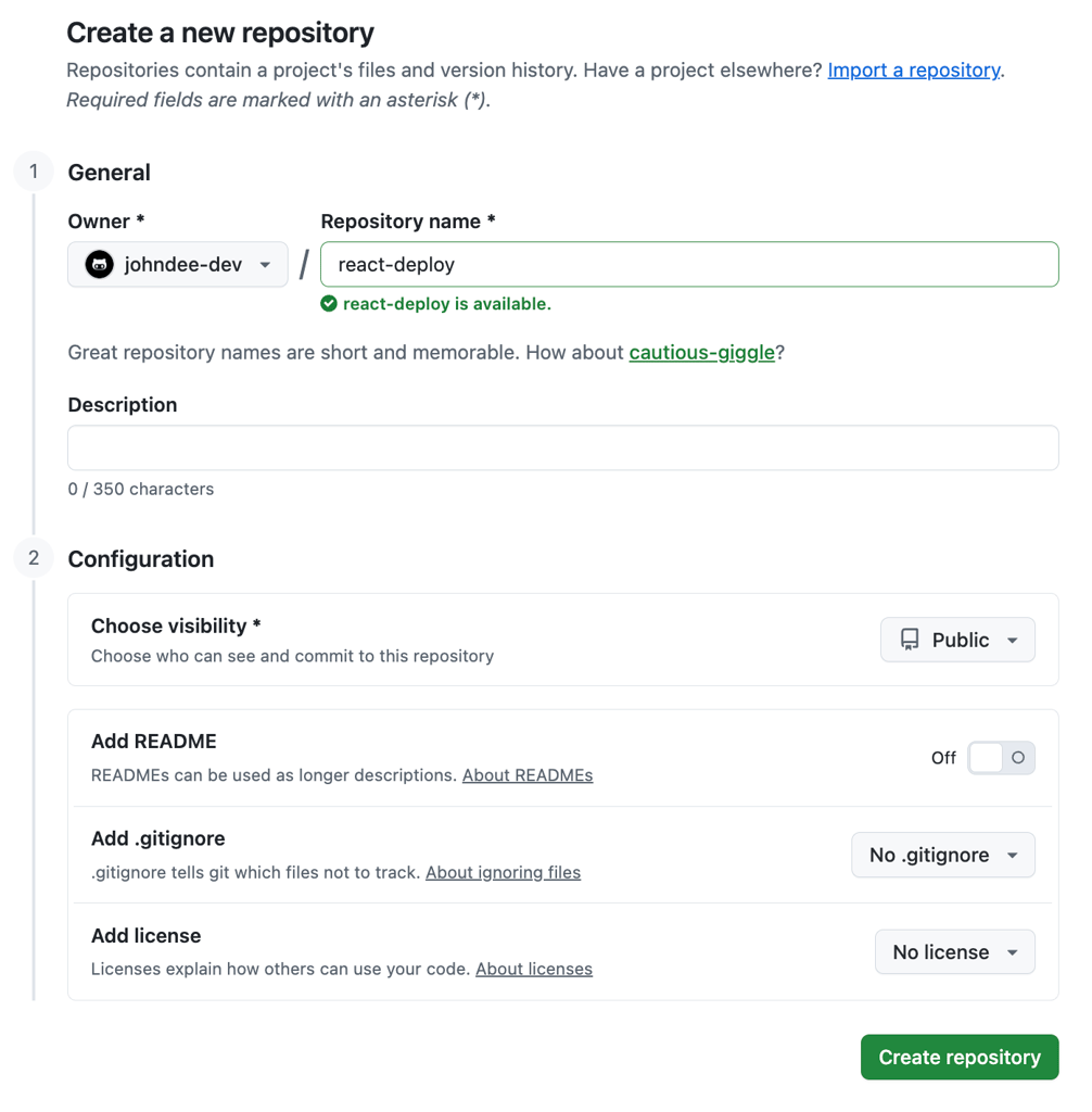 github-create-new-repository-react-deploy GitHub new repository form with react-deploy as the name and Public visibility