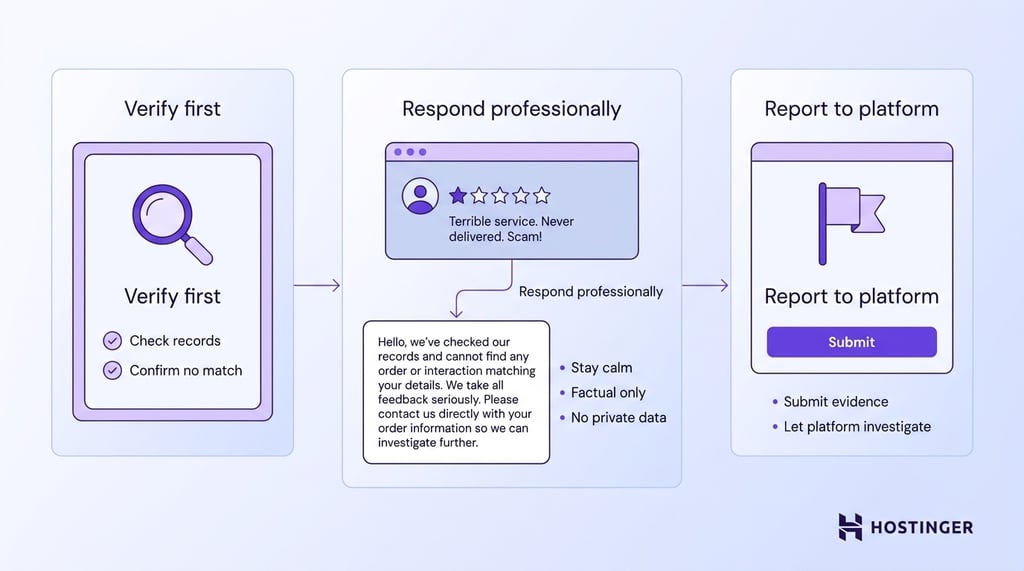 Three-stage workflow showing how to handle fake reviews: verify records first, respond professionally with factual calm language, then report to the platform with supporting evidence.