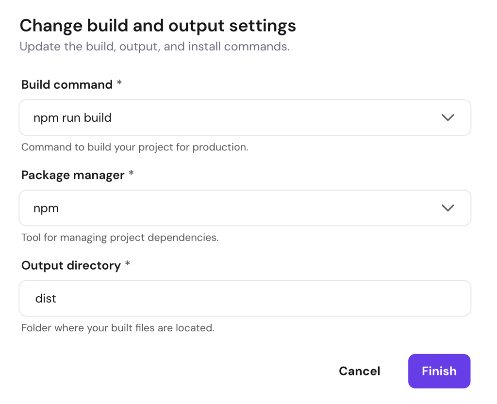 hpanel-change-build-output-settings-npm-run-build-dist Build and output settings showing npm run build command and dist directory