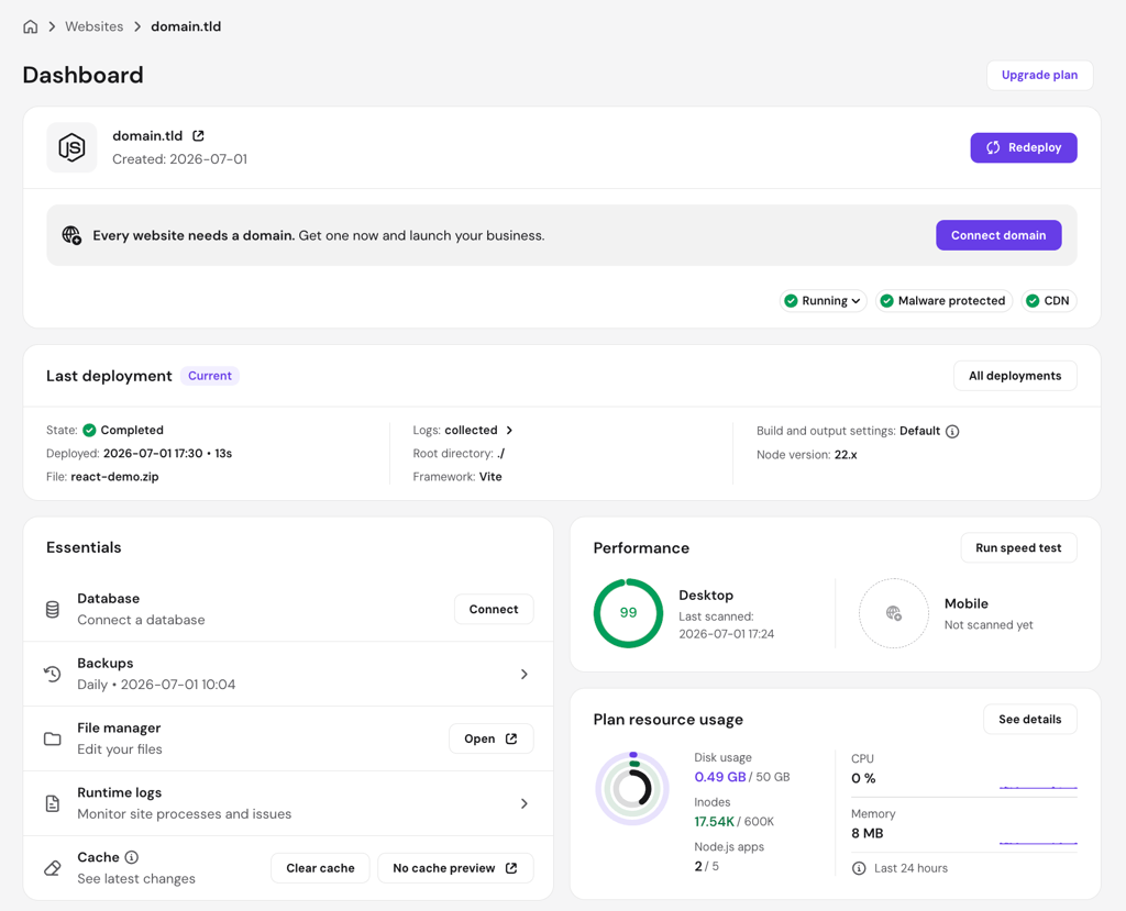 hpanel-dashboard-nodejs-deployment-performance-resource-usage Node.js app dashboard showing deployment status, performance, and resource usage
