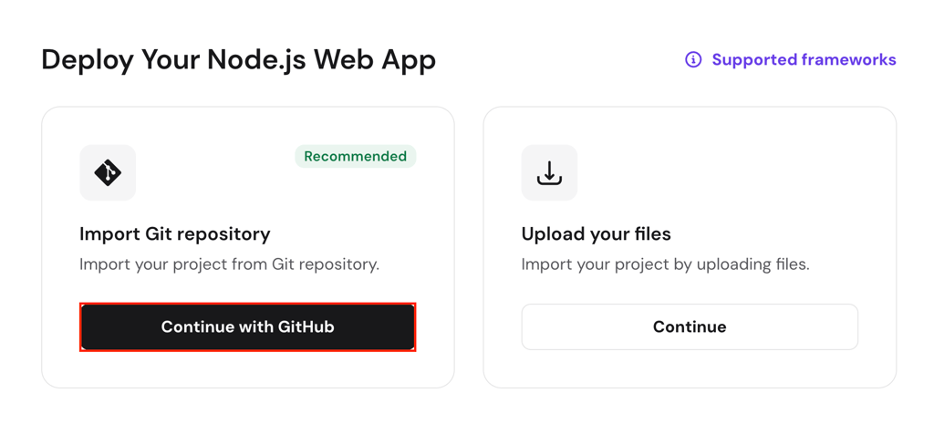 hpanel-deploy-nodejs-web-app-continue-with-github-highlighted Deploy Node.js Web App screen with Import Git repository and Upload options