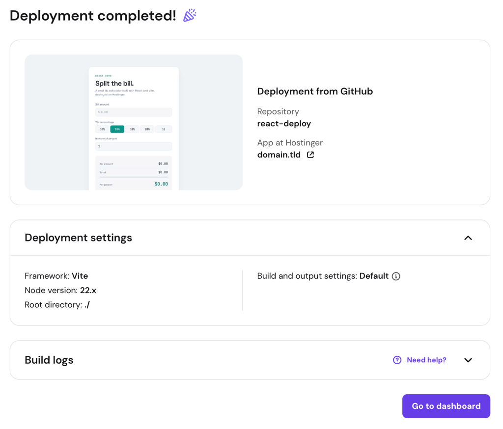 hpanel-deployment-completed-react-deploy-preview Deployment completed screen with app preview and Go to dashboard button