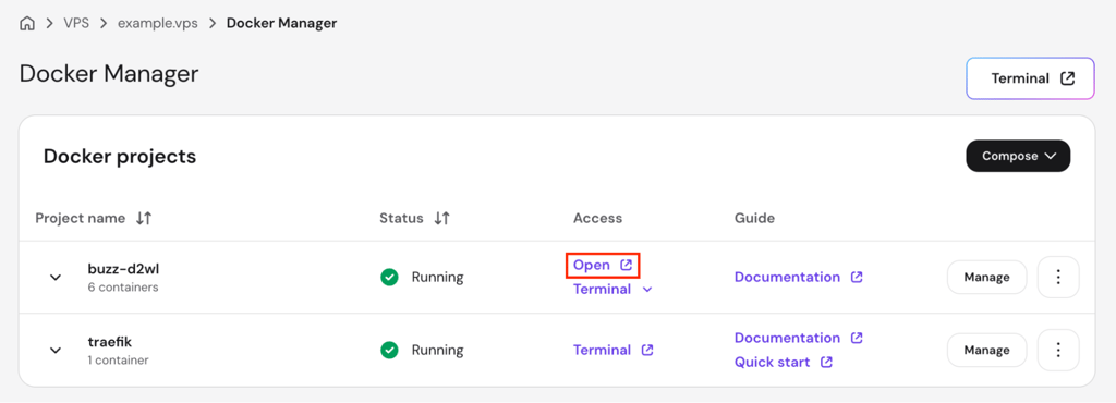 hpanel-docker-manager-buzz-open-highlighted hPanel Docker Manager page showing the Buzz project status and access link
