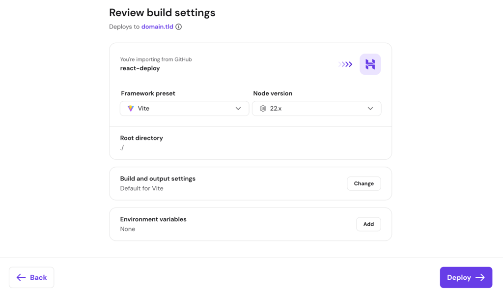 hpanel-review-build-settings-react-deploy-vite Review build settings for react-deploy with Vite preset and Deploy button