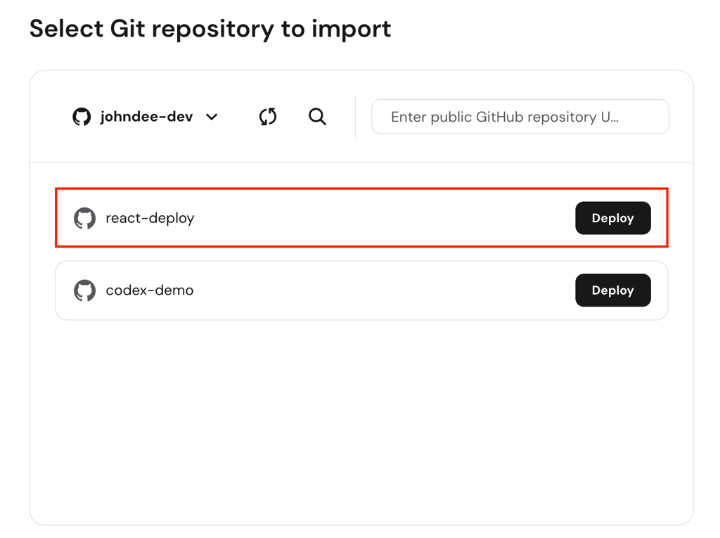 hpanel-select-git-repository-react-deploy-highlighted Select Git repository screen with react-deploy repo and Deploy button