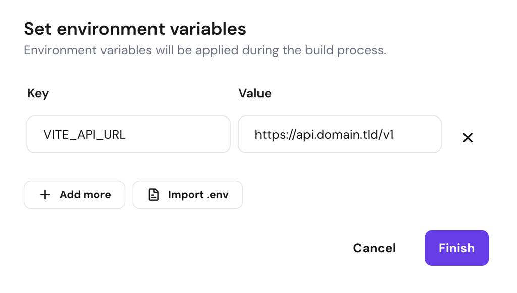 hpanel-set-environment-variables-vite-api-url Set environment variables dialog with VITE_API_URL key and API URL value