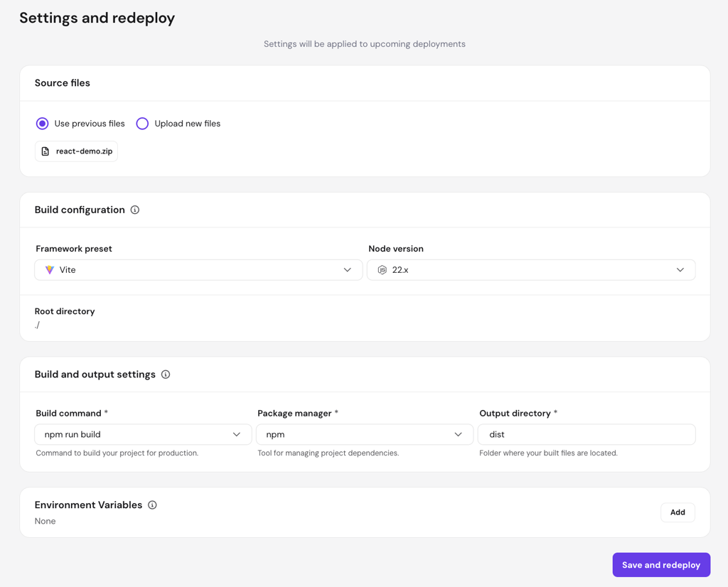 hpanel-settings-redeploy-react-demo-build-output Settings and redeploy page with source files, build config, and environment variables