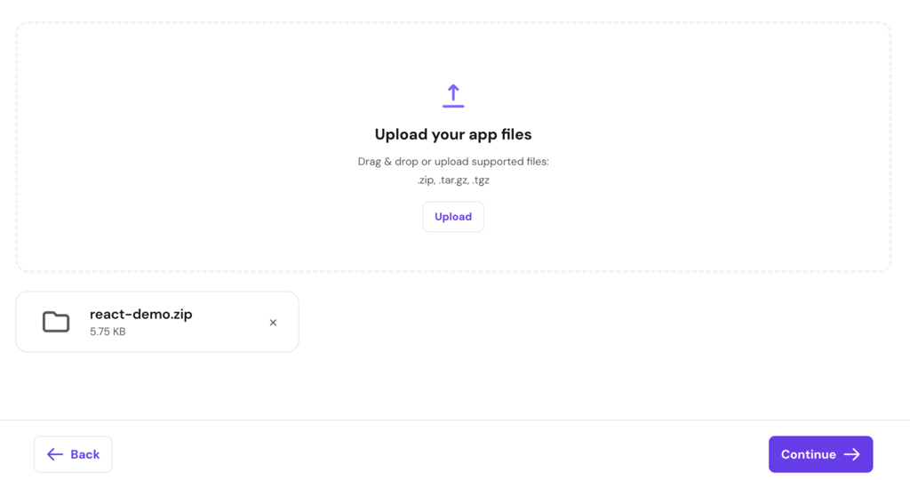 hpanel-upload-app-files-react-demo-zip Upload your app files screen with react-demo.zip uploaded and Continue button