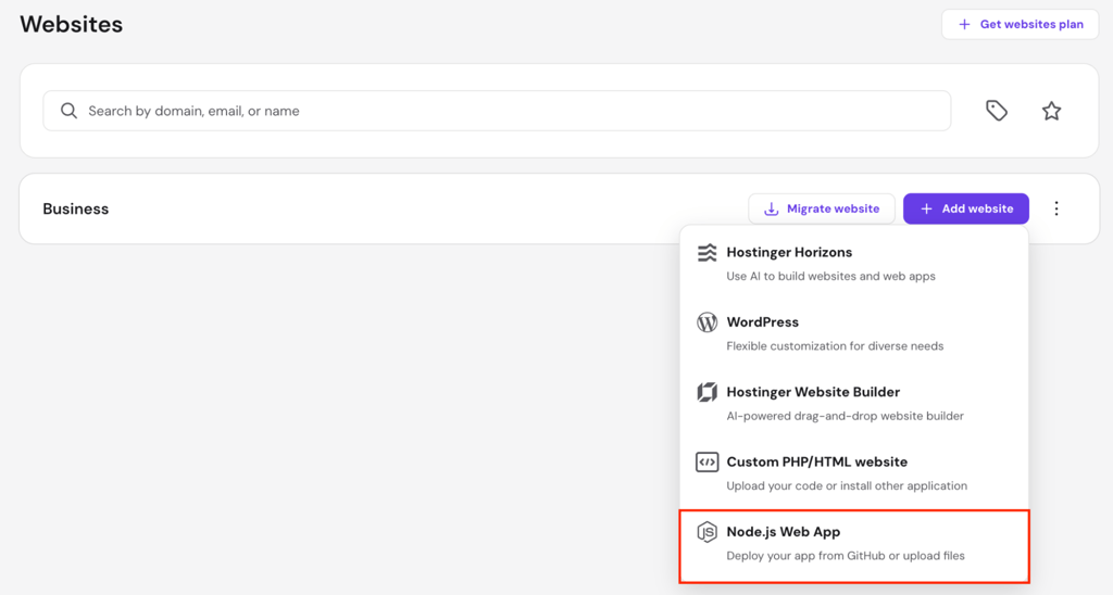 hpanel-websites-add-website-nodejs-web-app-highlighted hPanel Websites page with Add website menu showing Node.js Web App option
