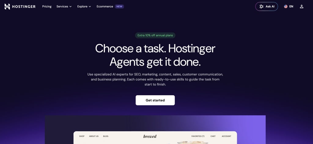Hostinger agents' landing page, displaying "choose a task. Hostinger agents get it done" message.