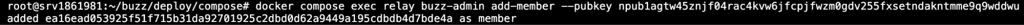 terminal-buzz-admin-add-member-output Terminal output confirming a new member added to the Buzz relay