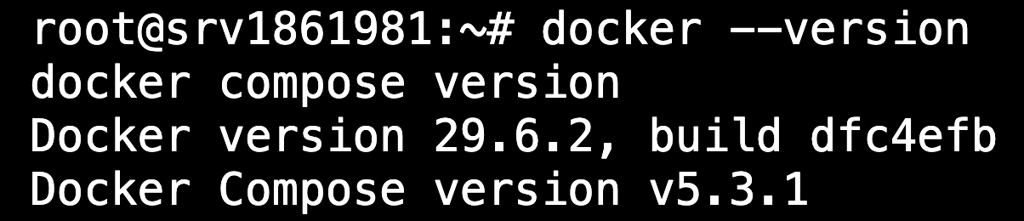 terminal-docker-compose-version-output Terminal output showing installed Docker and Docker Compose version numbers