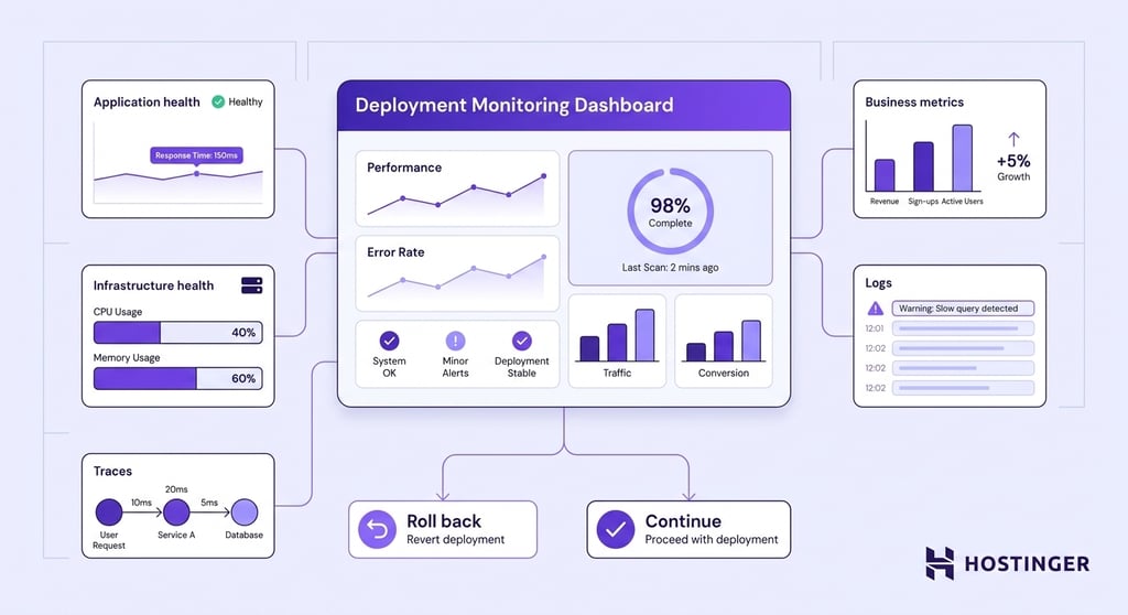 A deployment monitoring dashboard displaying five metric panels — application health, business metrics, infrastructure health, logs, and traces — with a branching rollback or continue decision at the bottom.