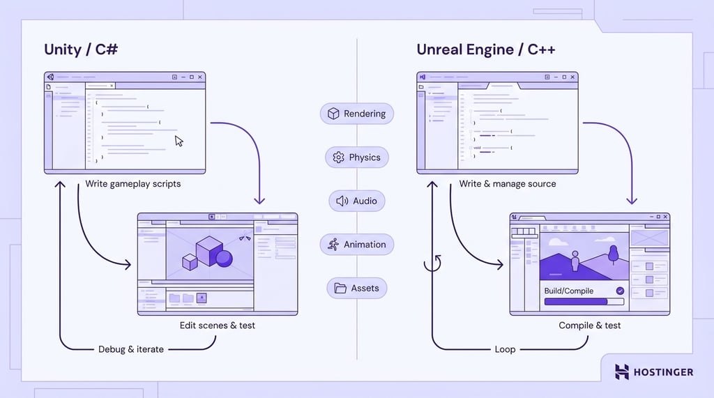 Side-by-side diagram of Unity/C# and Unreal/C++ workflows, each showing a continuous loop between IDE and game engine with shared rendering, physics, audio, animation, and asset components.