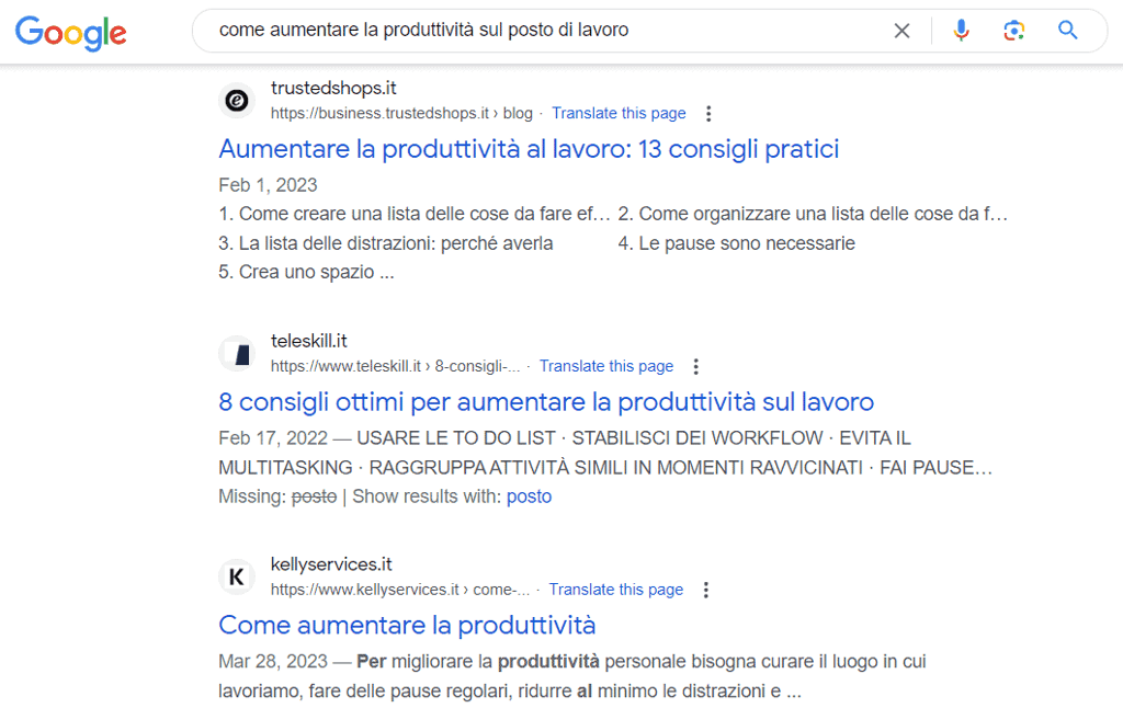 Screenshot che mostra i risultati di ricerca per "come aumentare la produttività sul posto di lavoro"