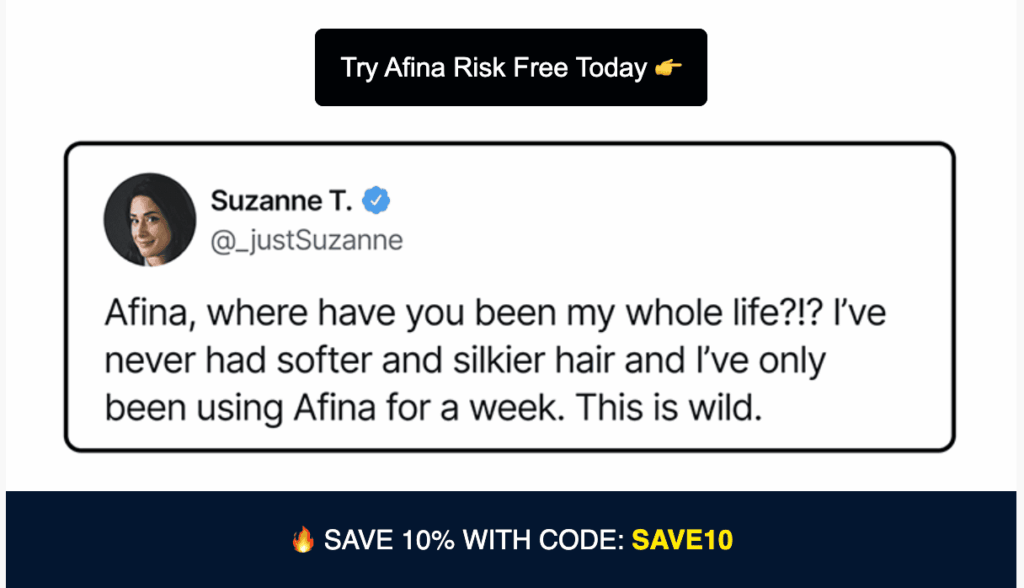 Campagna di email marketing di Afina che mostra la testimonianza di un cliente
