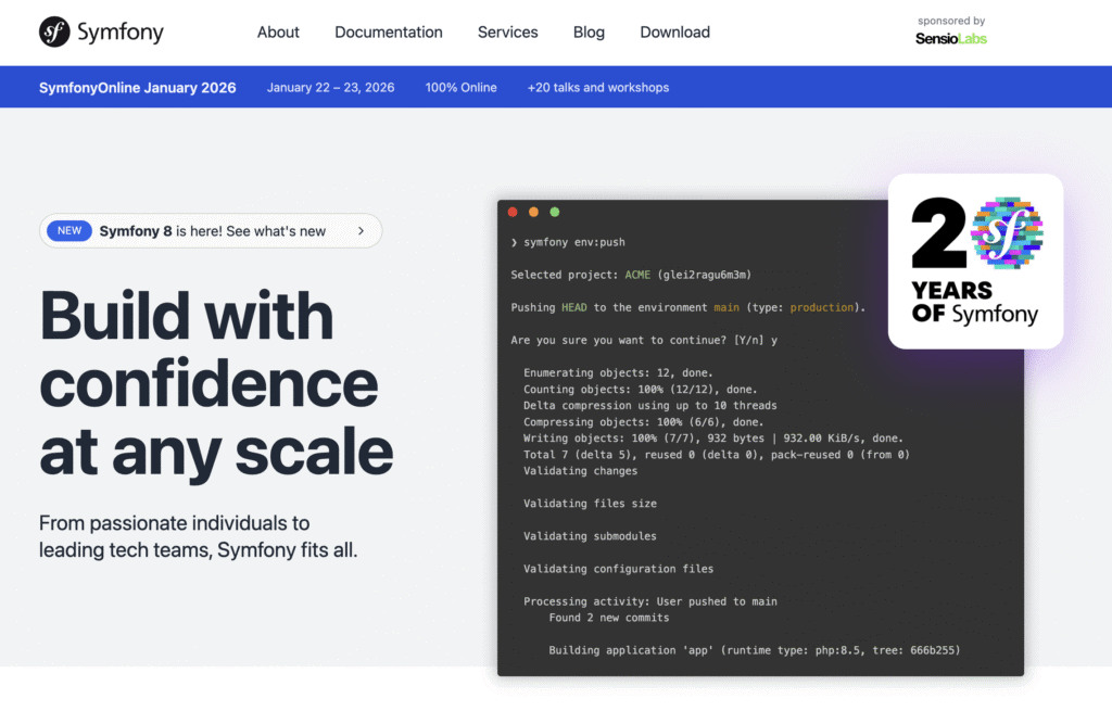 Homepage ufficiale di Symfony