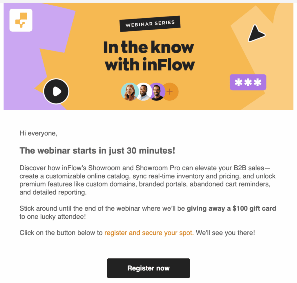 campagna di email marketing di inFlow che mostra i dettagli del loro webinar