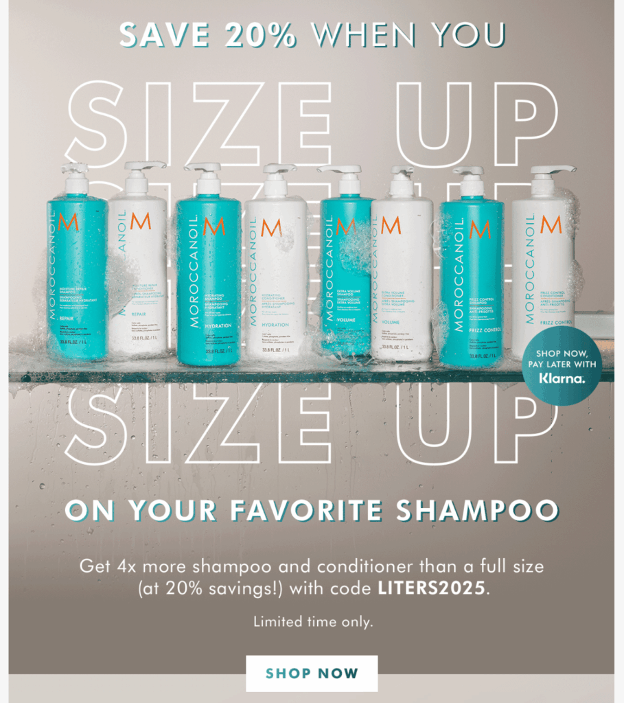 Campagna email promozionale di Moroccan Oil che mostra un’offerta speciale