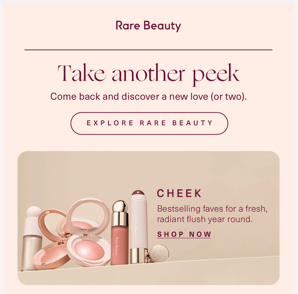 Campagna di email marketing per il recupero del carrello abbandonato di Rare Beauty