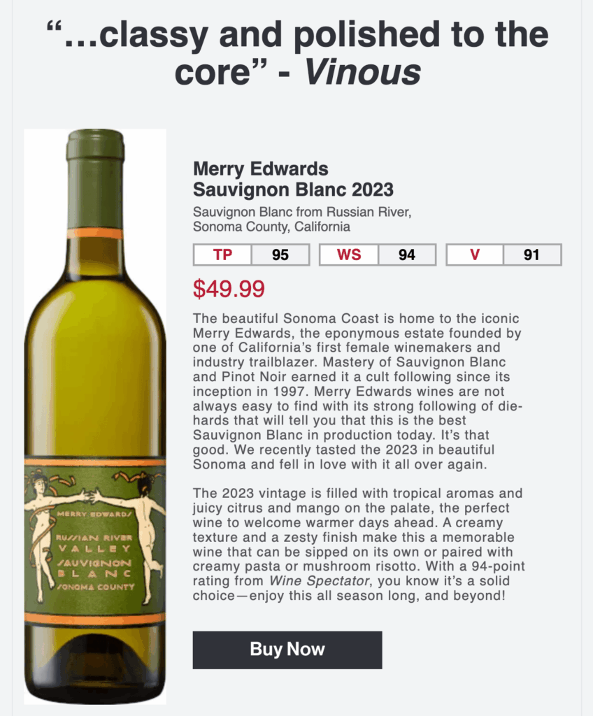 Campagna di email marketing di Wine.com che mostra i dettagli di un vino
