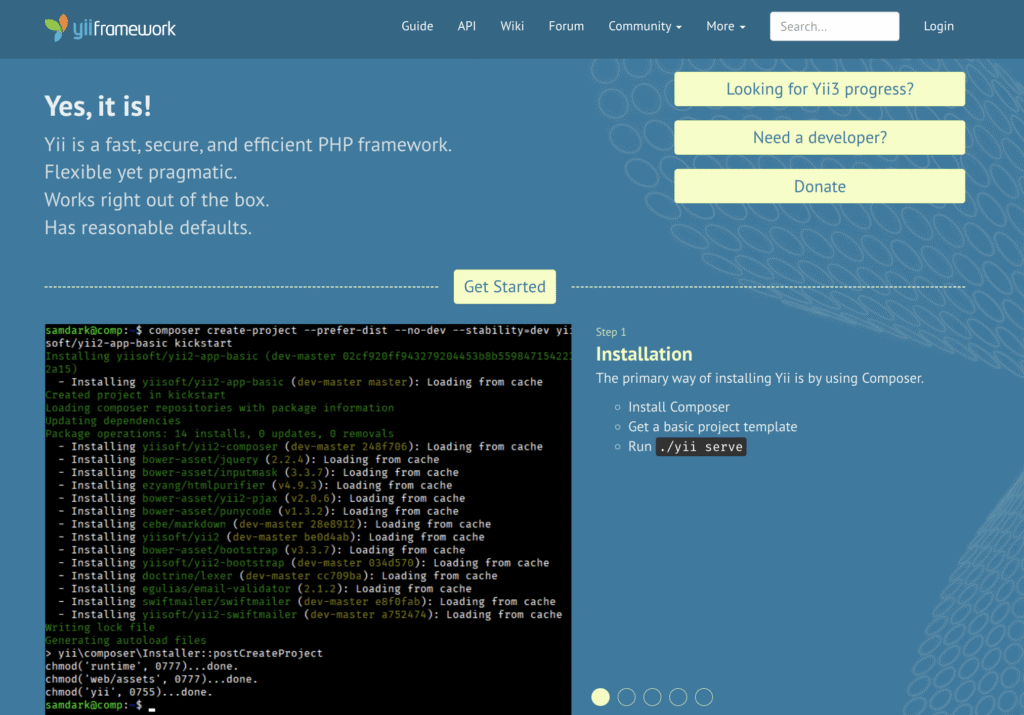 Homepage ufficiale di Yii