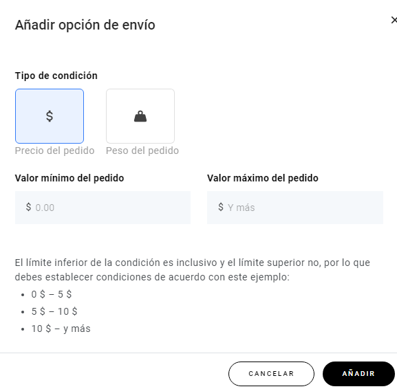 Pestaña Añadir opción de envío en el creador de páginas web de Hostinger