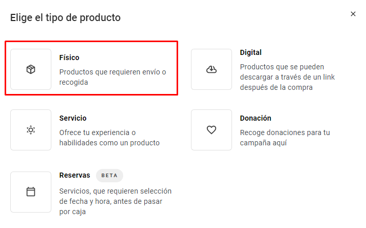 Sección Elegir el tipo de producto en el Creador de páginas web de Hostinger
