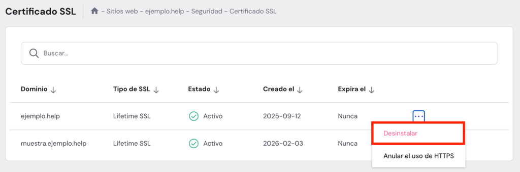 La opción para desinstalar SSL