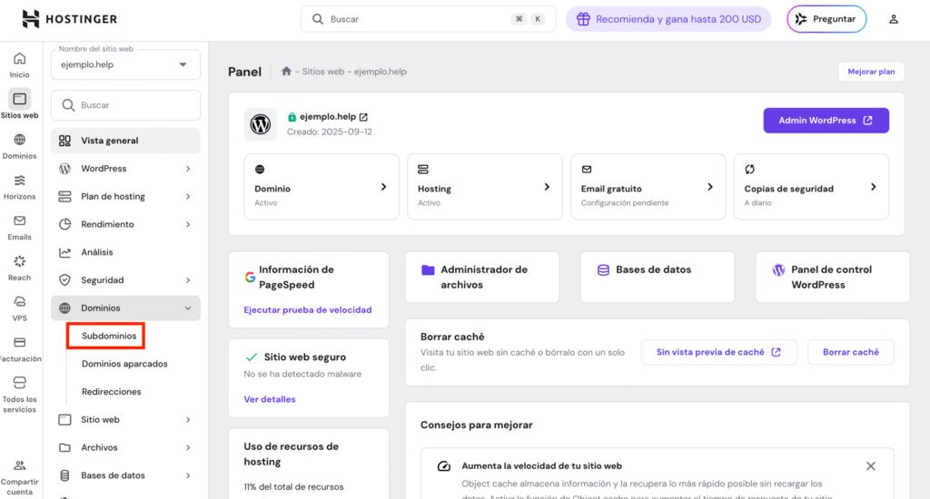 Sección de administración de sitios web de hPanel de Hostinger