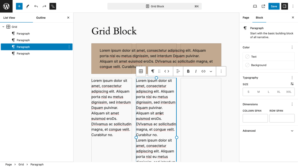 An example of the grid block on the block editor