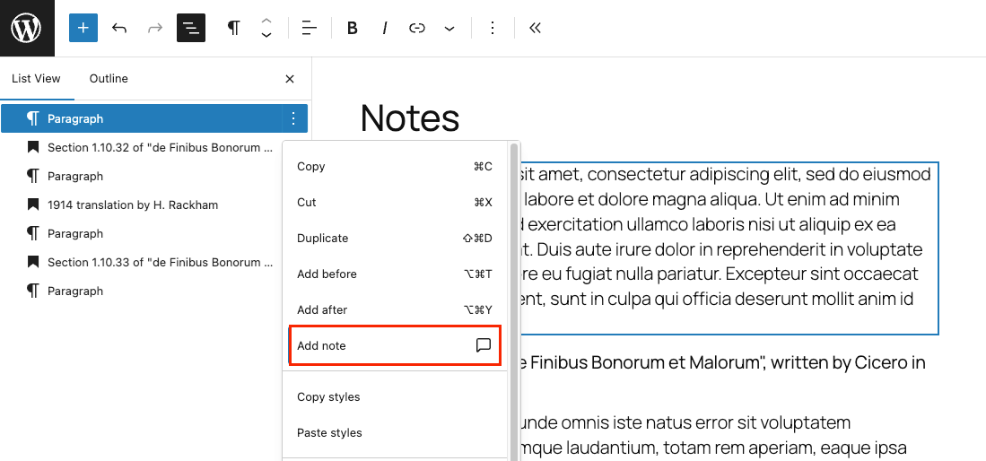 Paragraph block options menu in the list view with the "Add note" option highlighted