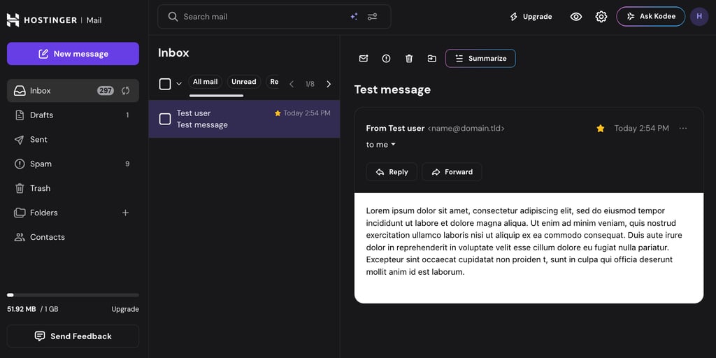 Dark theme in Hostinger webmail.