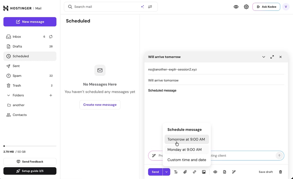 Email scheduling in Hostinger webmail.
