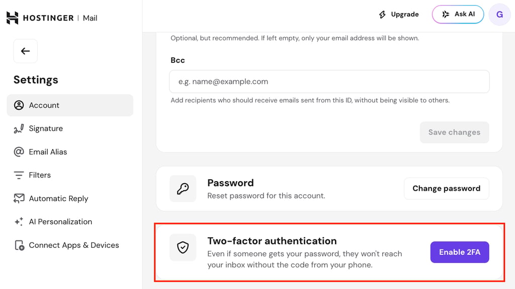 Two-factor authentication highlighted in Hostinger Mail.
