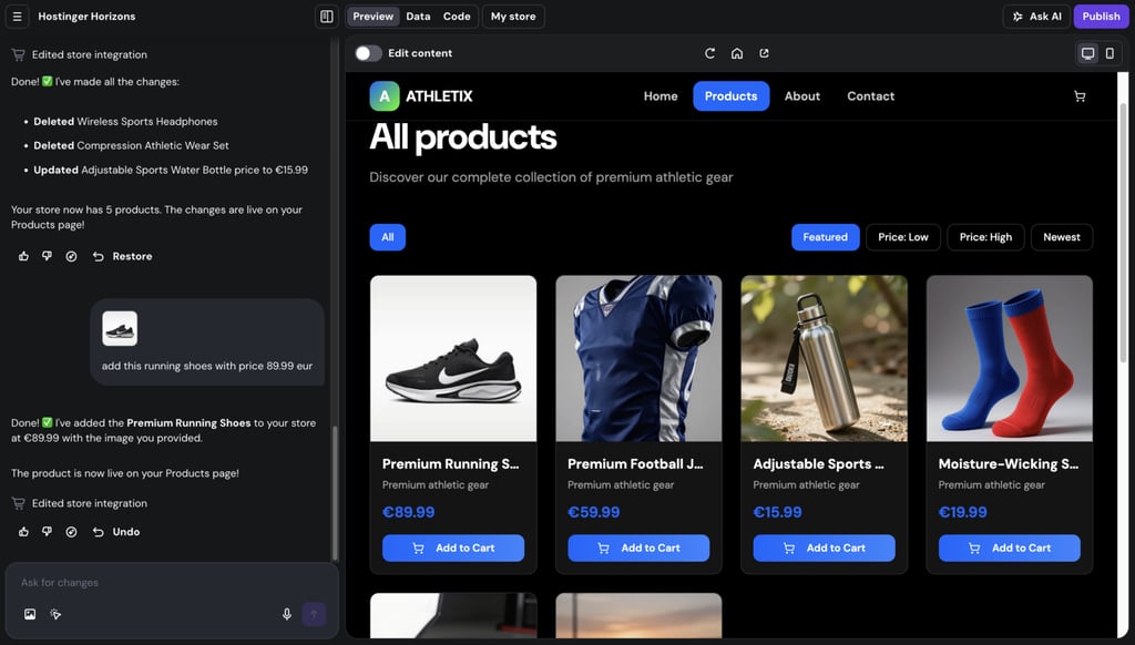 Product management with AI in Hostinger Horizons.