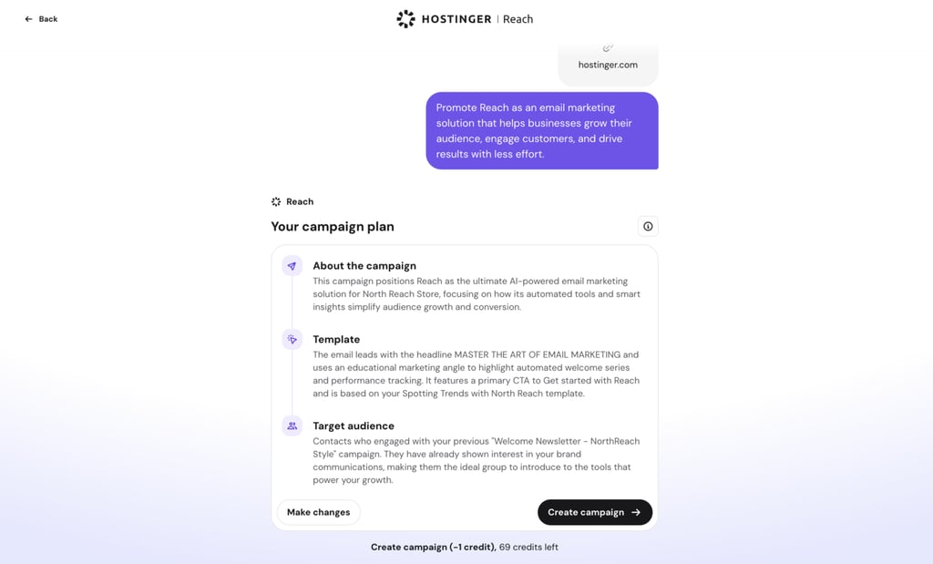 AI campaign planner in Hostinger Reach.