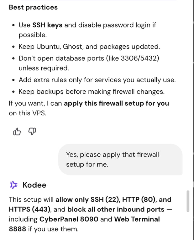 Kodee chat window with an instruction to apply a firewall setup