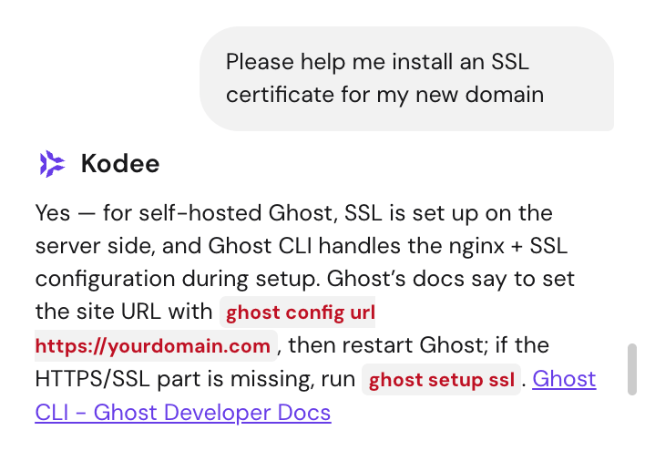 Kodee chat window with an instruction to install an SSL certificate